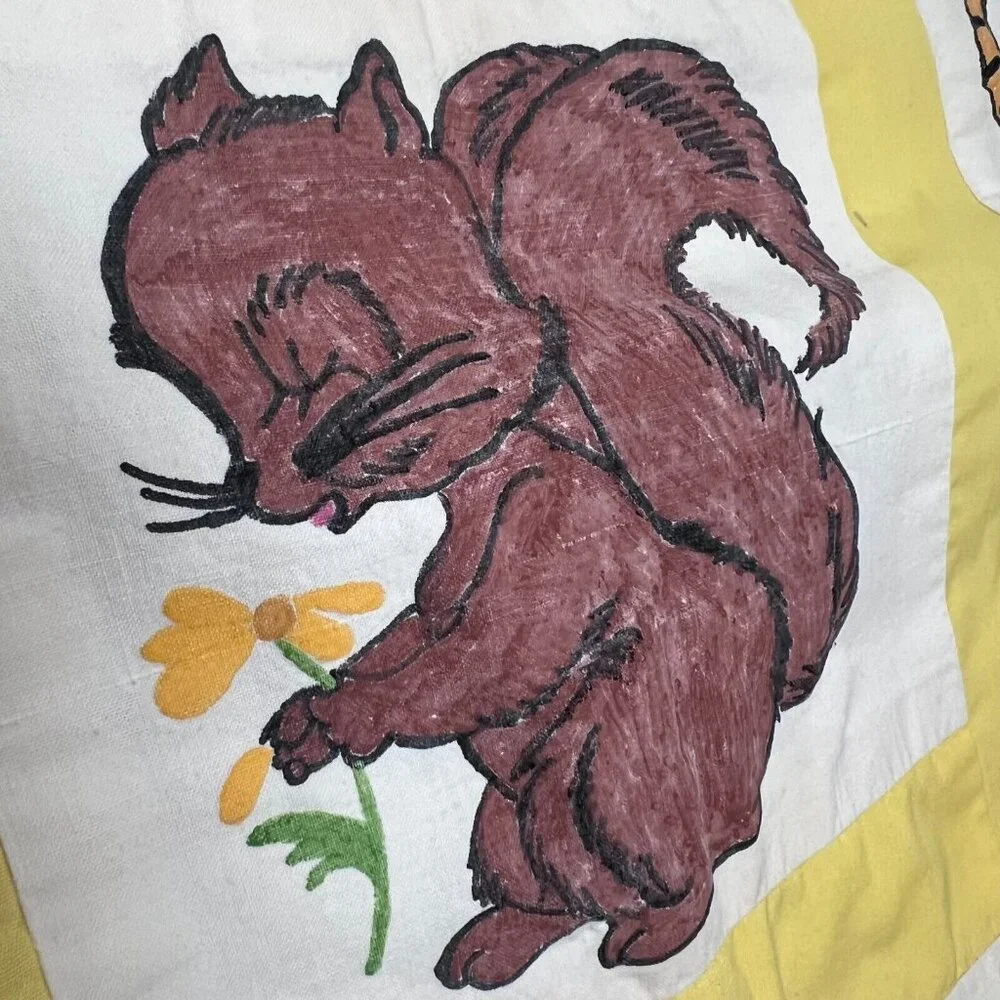 Vintage Handmade Quilt Hand Painted Animals Elephant Tiger Bunny Squirrel Yellow